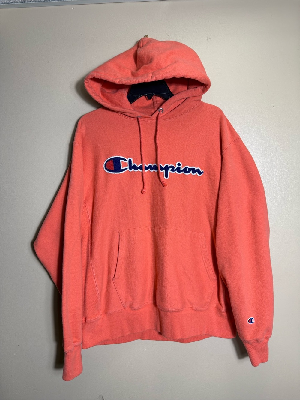 Champion Reverse Weave Hoodie Large Coral Script Logo Pullover Y2K Streetwear
